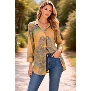 FANTASIA Women's Long Sleeve Button Down Coat Paisley Boho Print Size M